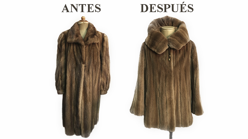 Abrigo de visón convertido en chaquetón de visón despinzado y con capucha fruncida